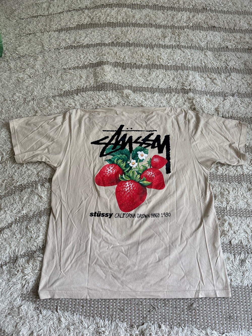 The Stussy Strawberry in Cream Graphic Logo T-Shirt Size XXL